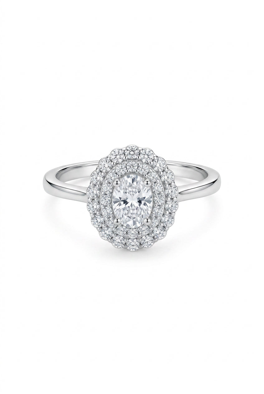 925 Sterling Silver Oval Halo Ring with Clear Stones – Size 7