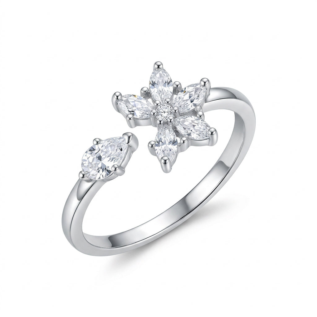 925 Sterling Silver Marquise Flower Ring with Clear Stones