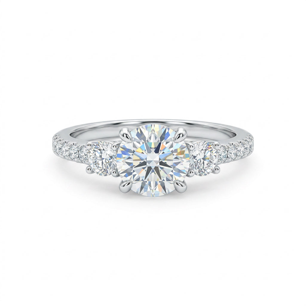 925 Sterling Silver Round Solitaire Ring with Sparkling Side Stones – Size 8