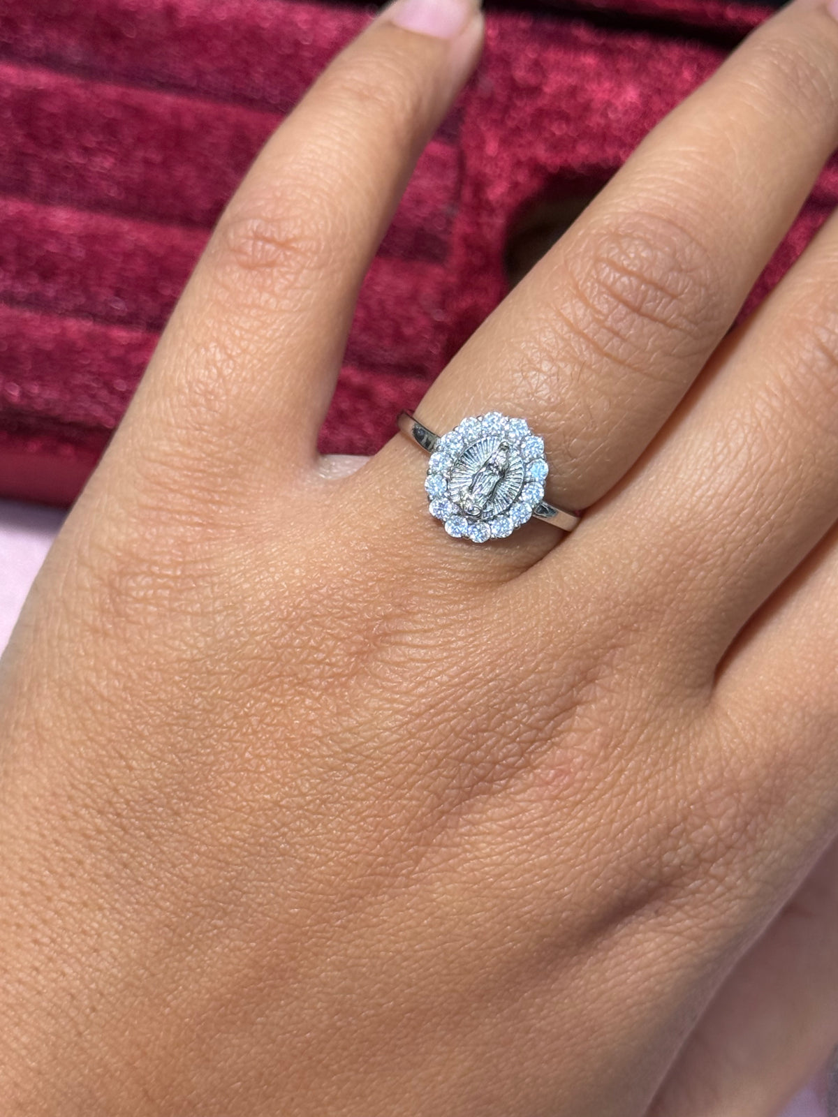 925 Sterling Silver Virgin Mary Oval Halo Ring – Size 7