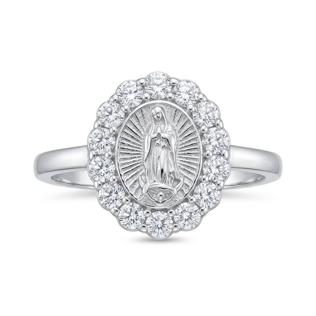 925 Sterling Silver Virgin Mary Oval Halo Ring – Size 7