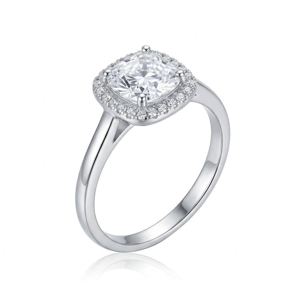 925 Sterling Silver Cushion-Cut Halo CZ Ring – Size 6