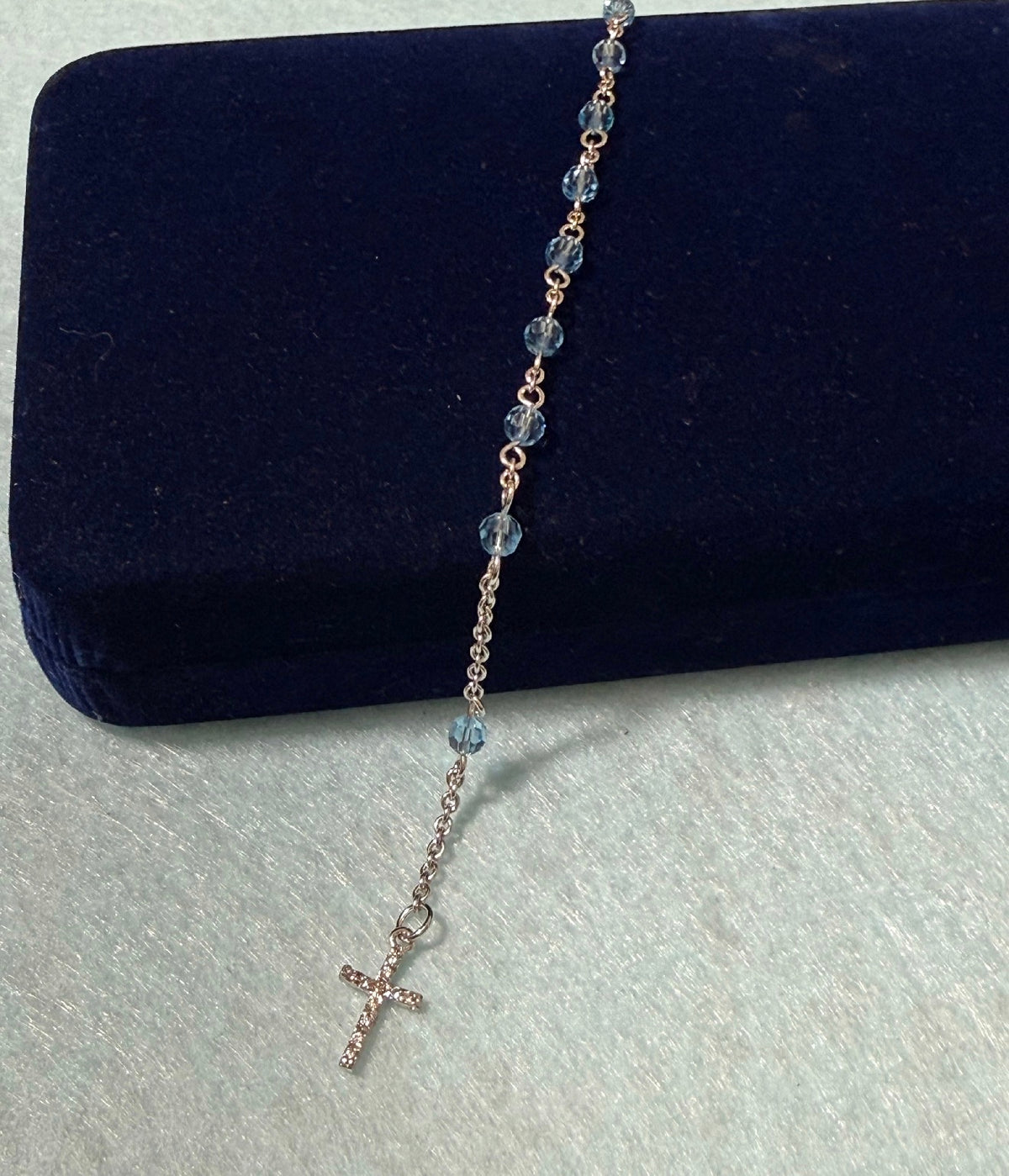 925 Sterling Silver Blue Beaded Cross Bracelet – 8" Adjustable