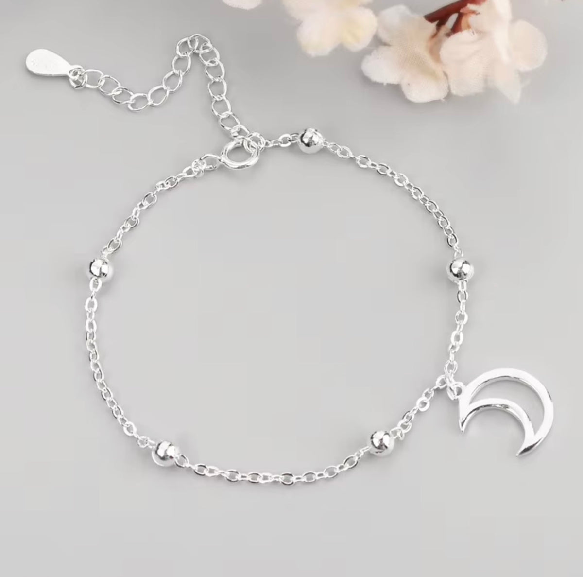 925 Sterling Silver Crescent Moon Bracelet – Silver Bead Accents