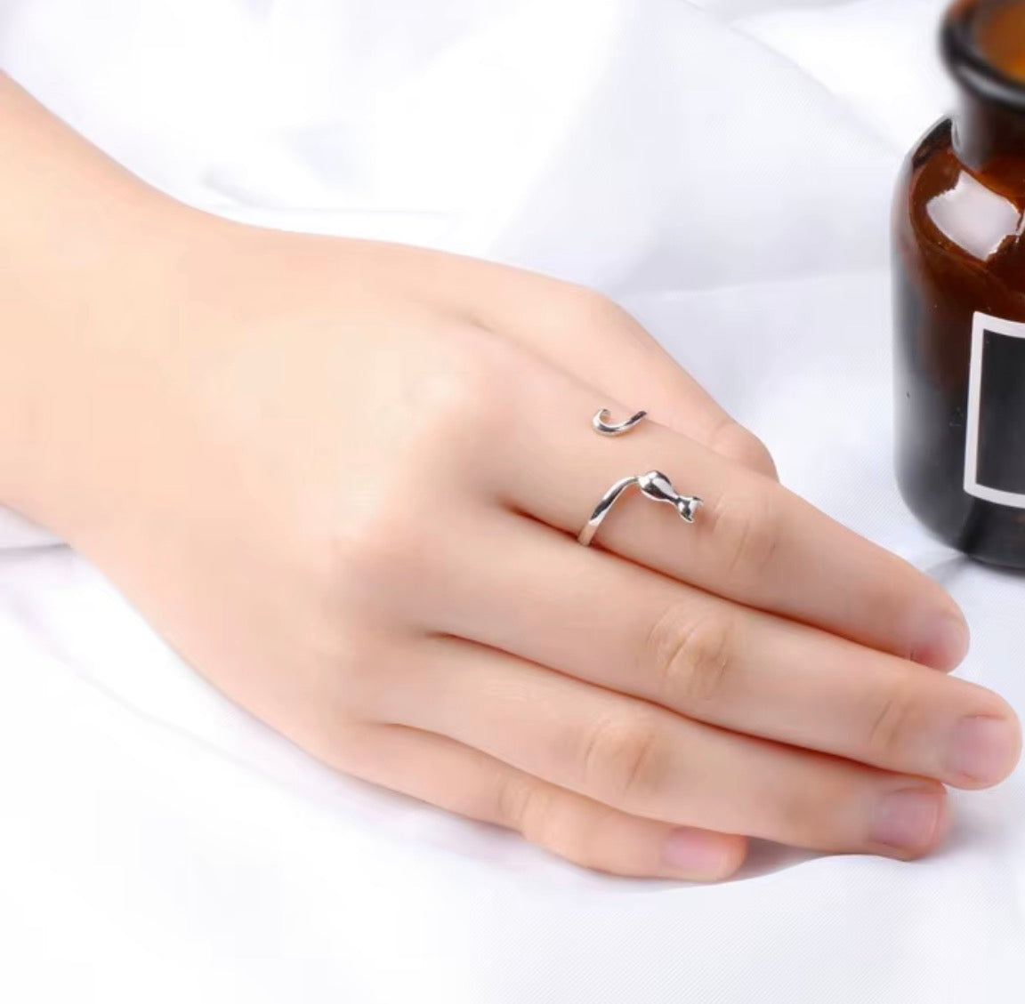925 Sterling Silver Minimalist Cat Adjustable Ring