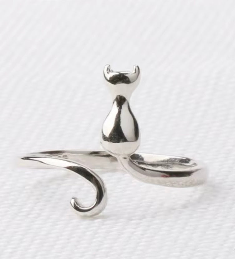 925 Sterling Silver Minimalist Cat Adjustable Ring