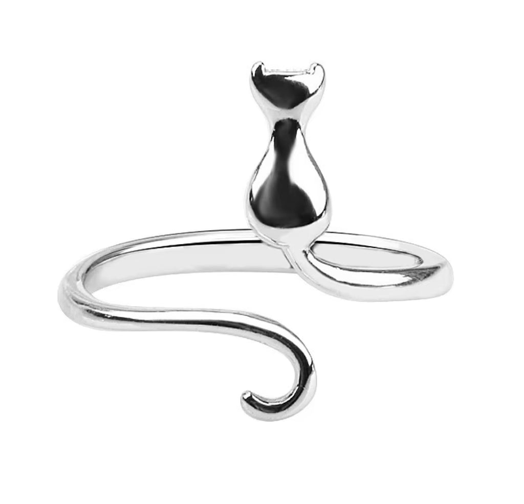 925 Sterling Silver Minimalist Cat Adjustable Ring