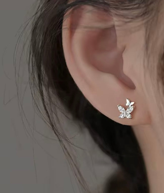 925 Sterling Silver Double Butterfly CZ Stud Earrings