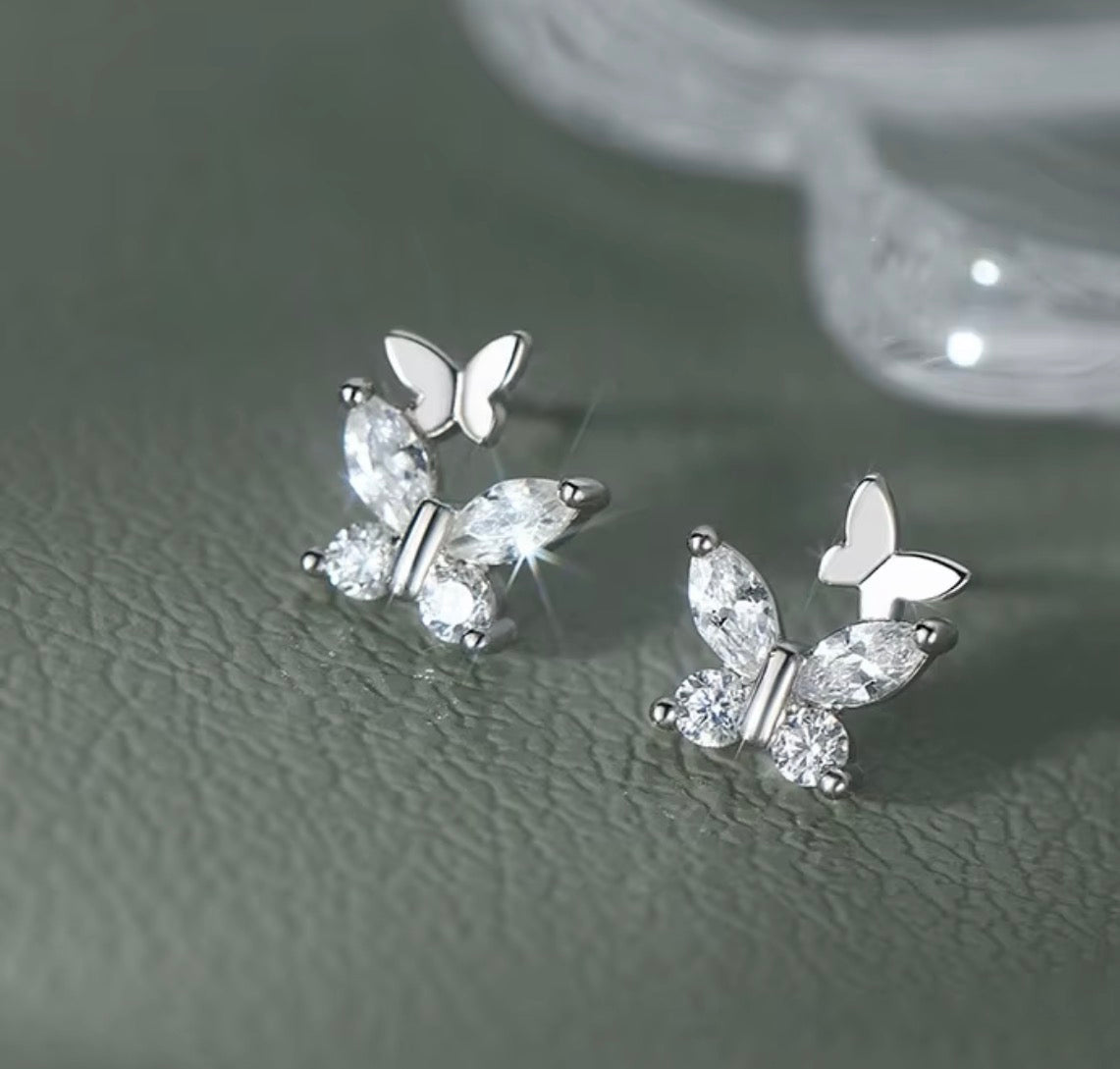 925 Sterling Silver Double Butterfly CZ Stud Earrings