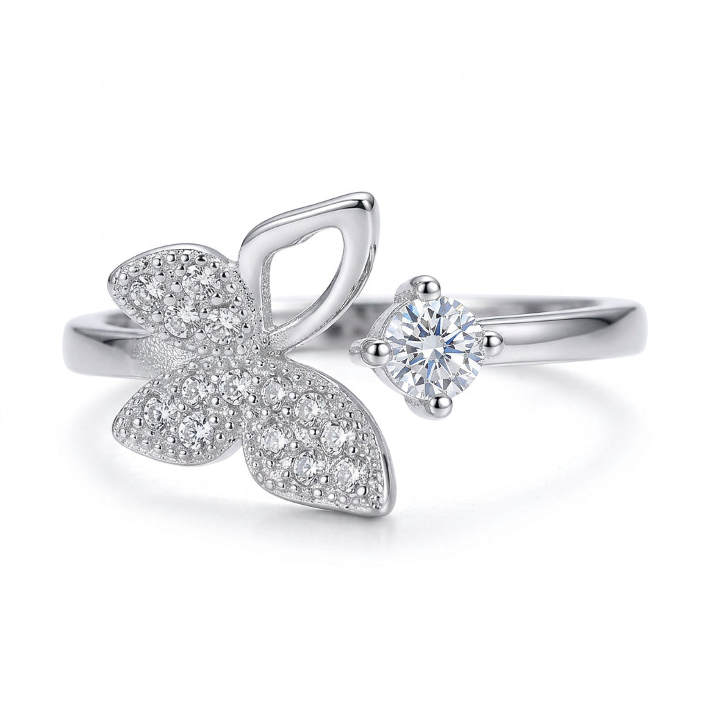 925 Sterling Silver Sparkling Butterfly & Round Crystal Adjustable Ring