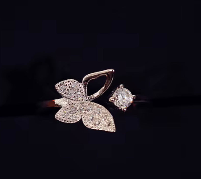 925 Sterling Silver Sparkling Butterfly & Round Crystal Adjustable Ring