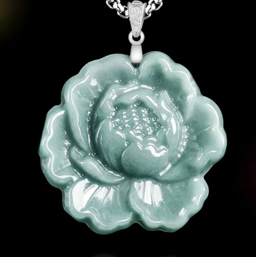 Natural Green Jade Carved Flower Pendant – 925 Sterling Silver
