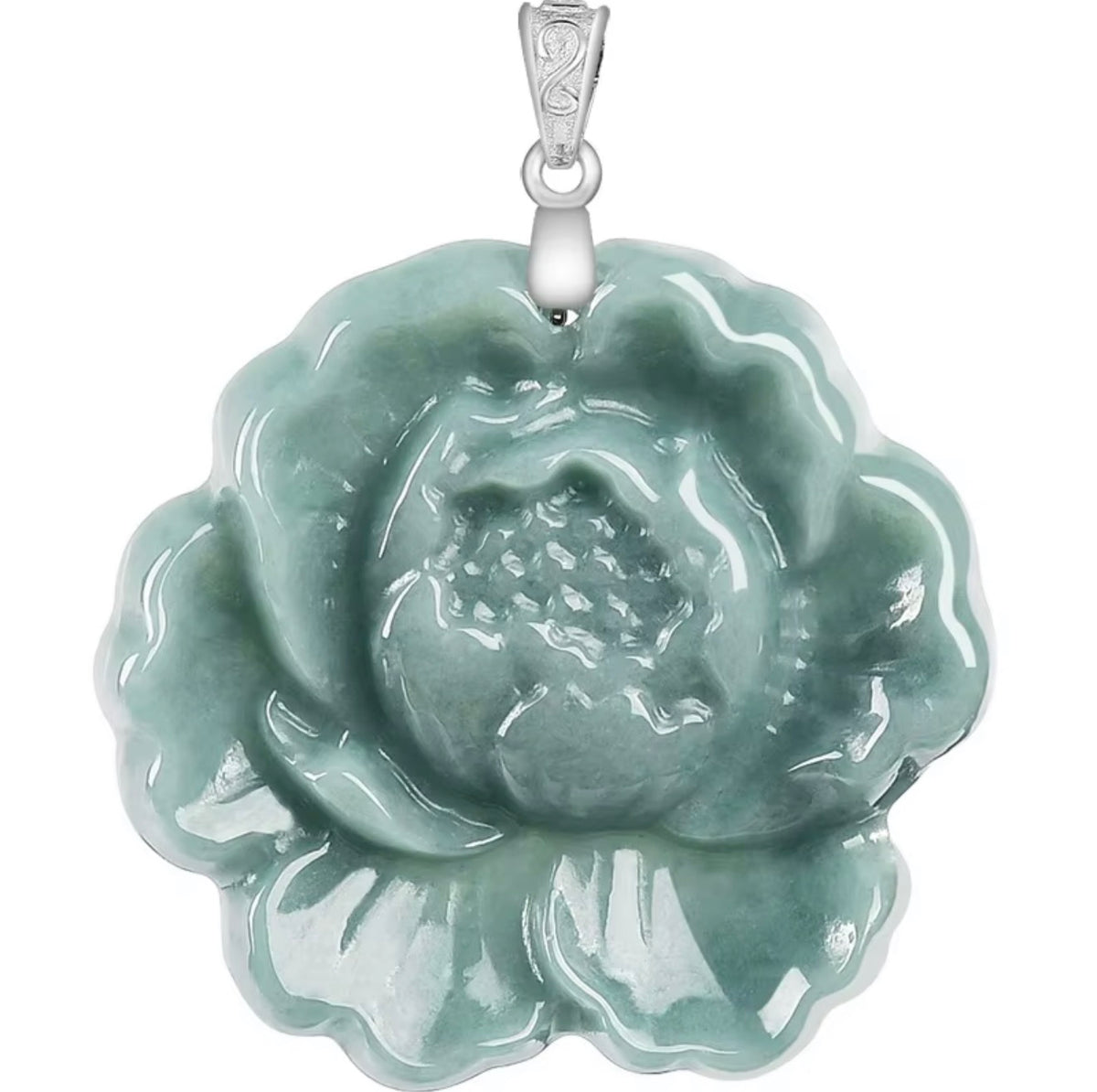 Natural Green Jade Carved Flower Pendant – 925 Sterling Silver