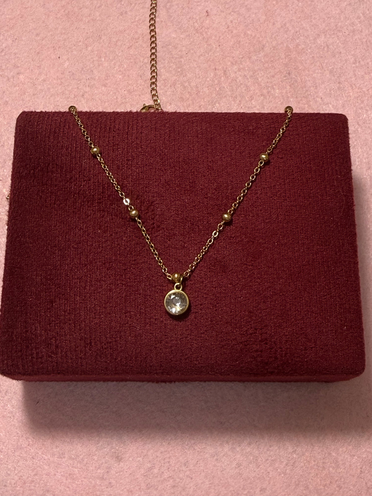 Stainless Steel Gold Beaded Chain Round Crystal Pendant Necklace – 18"