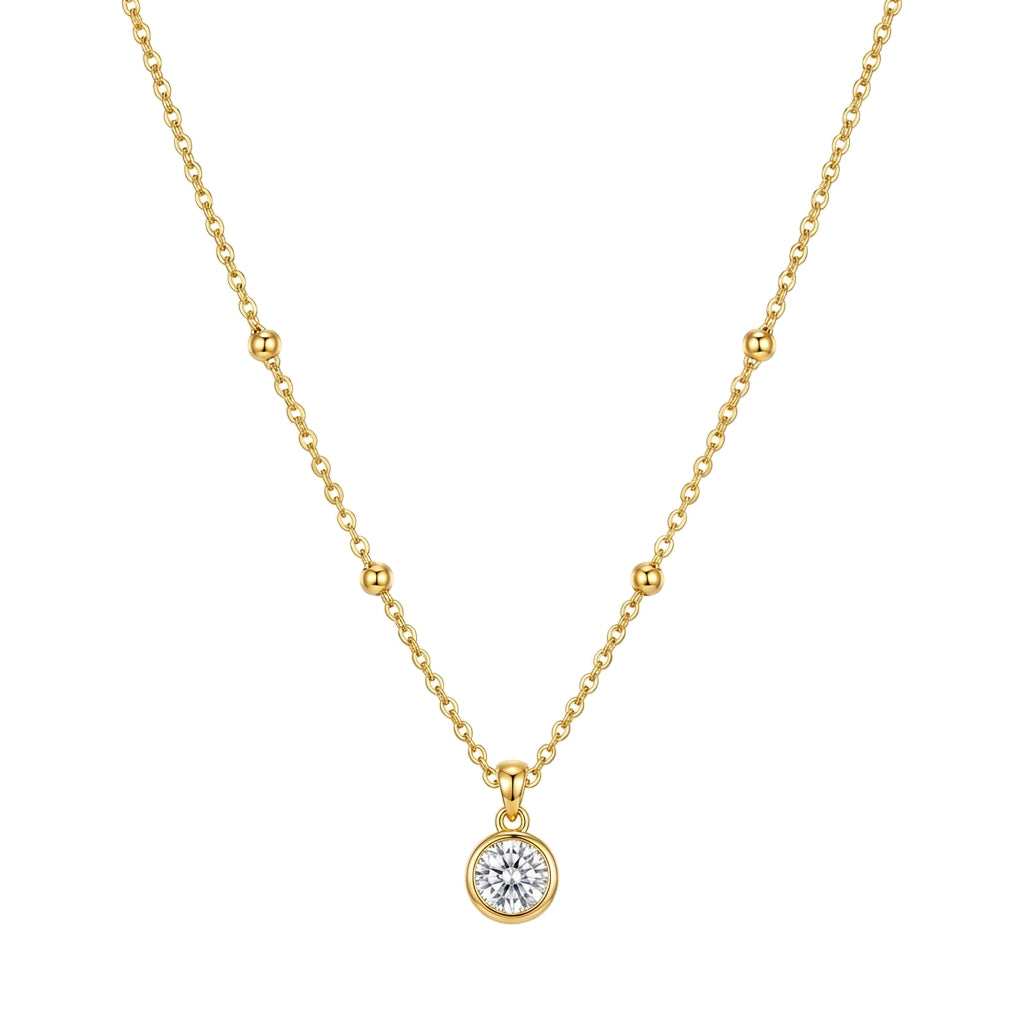 Stainless Steel Gold Beaded Chain Round Crystal Pendant Necklace – 18"
