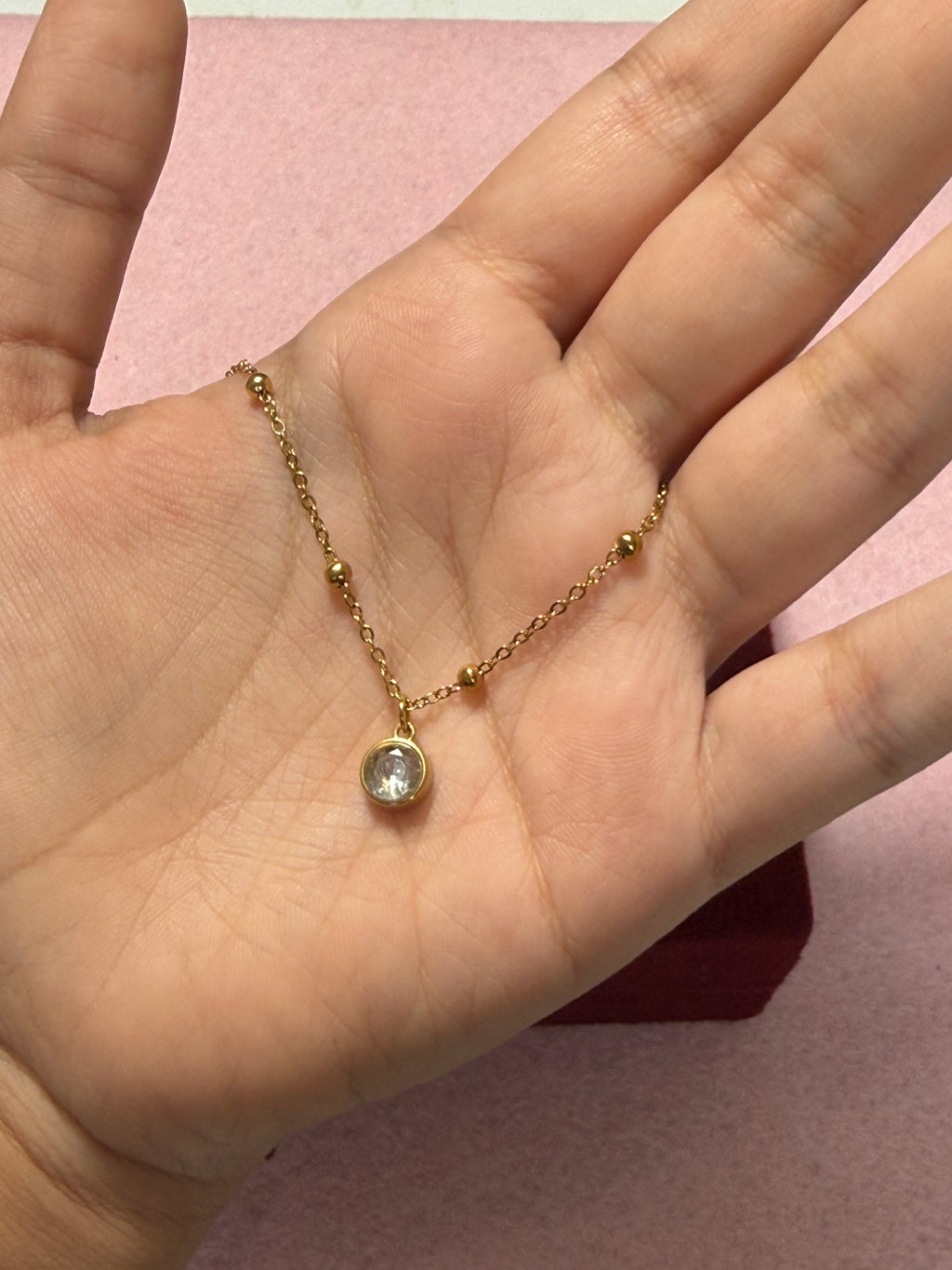 Stainless Steel Gold Beaded Chain Round Crystal Pendant Necklace – 18"