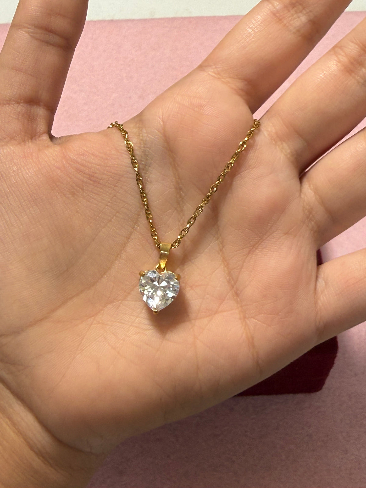 Stainless Steel Heart-Shaped Crystal Pendant Necklace – 18" Gold-Tone
