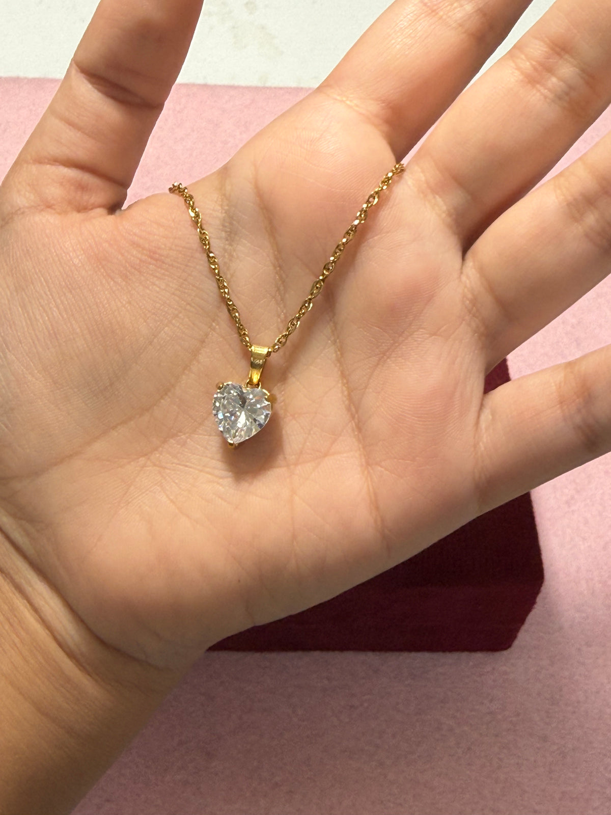 Stainless Steel Heart-Shaped Crystal Pendant Necklace – 18" Gold-Tone
