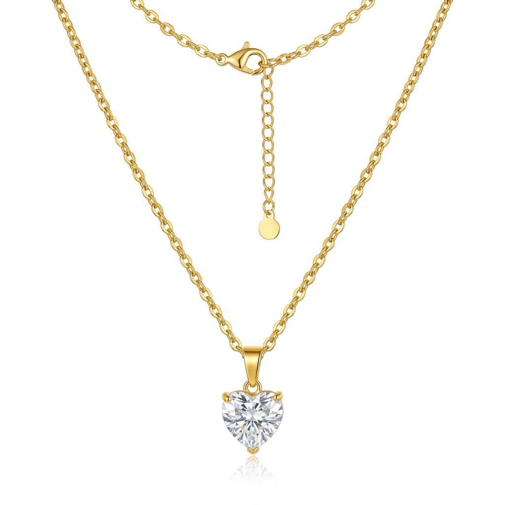 Stainless Steel Heart-Shaped Crystal Pendant Necklace – 18" Gold-Tone