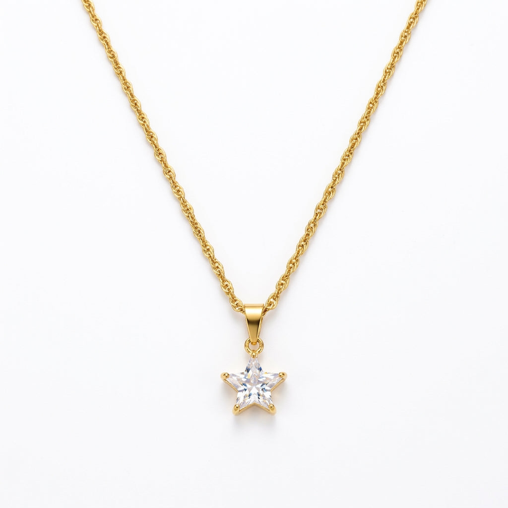 Stainless Steel Gold Star Crystal Pendant Necklace – 18"