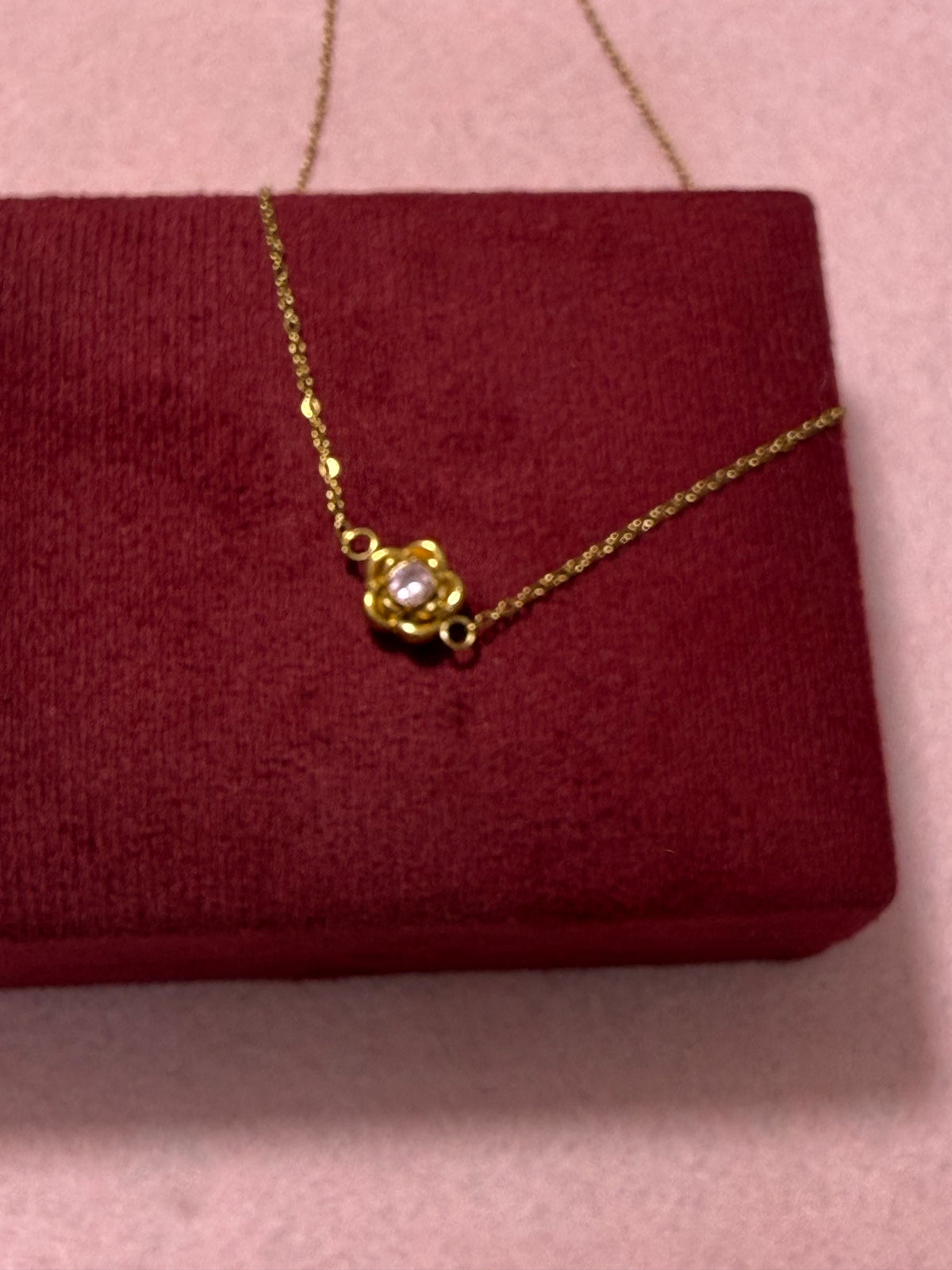 Stainless Steel Gold Rose Flower Necklace with Pink Crystal – 18"