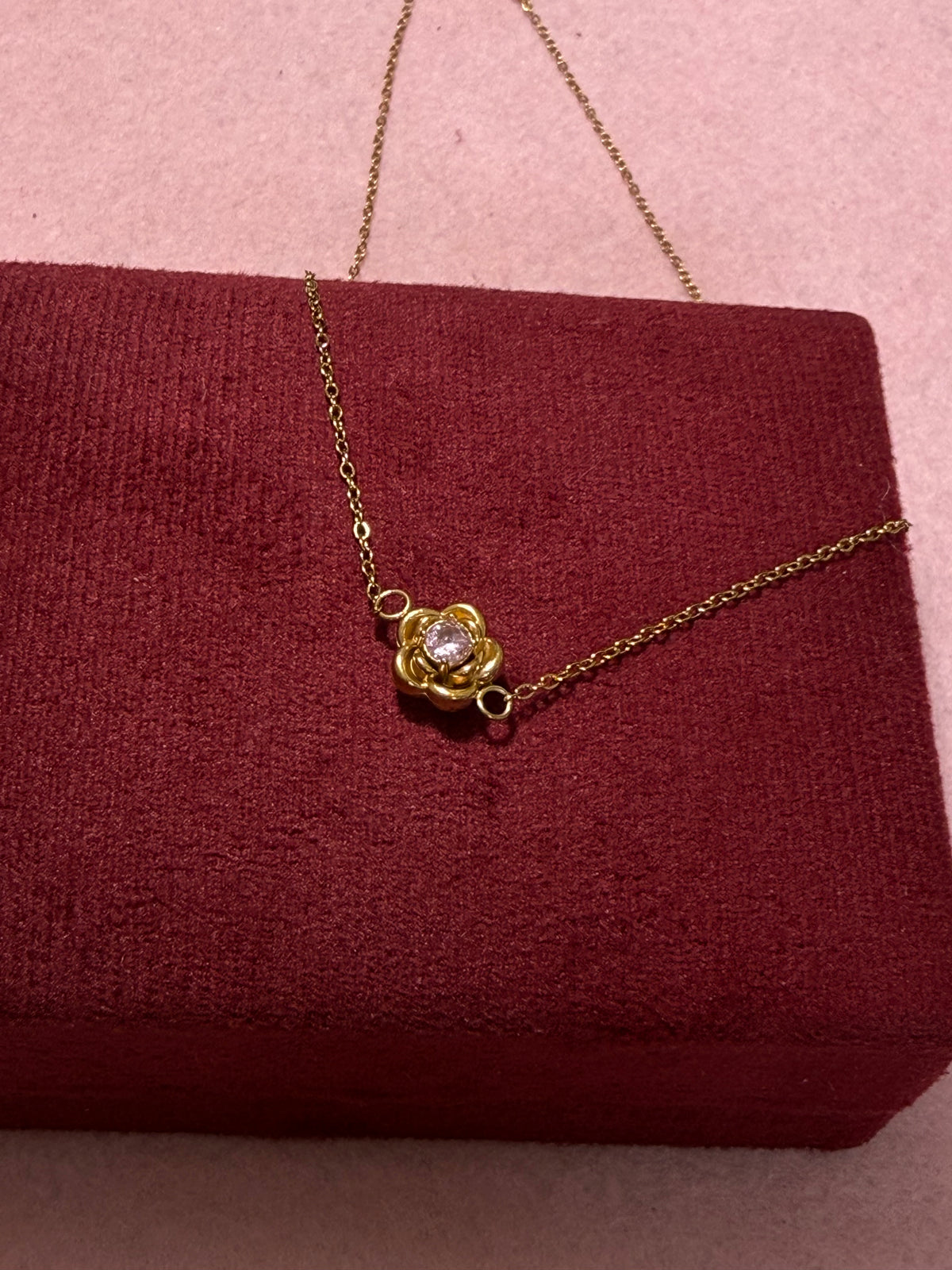 Stainless Steel Gold Rose Flower Necklace with Pink Crystal – 18"