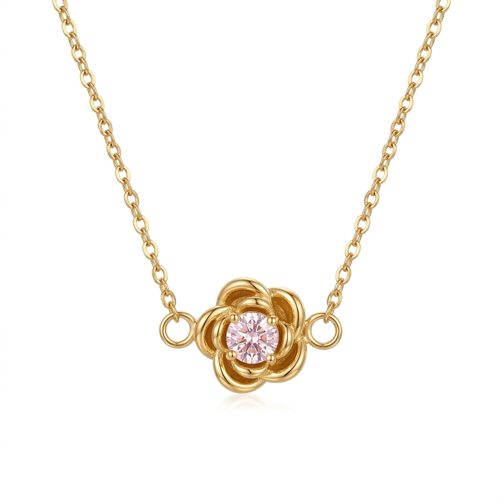 Stainless Steel Gold Rose Flower Necklace with Pink Crystal – 18"