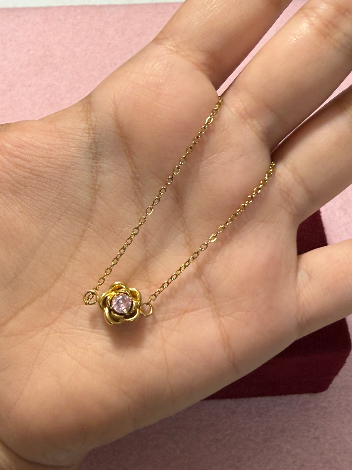 Stainless Steel Gold Rose Flower Necklace with Pink Crystal – 18"