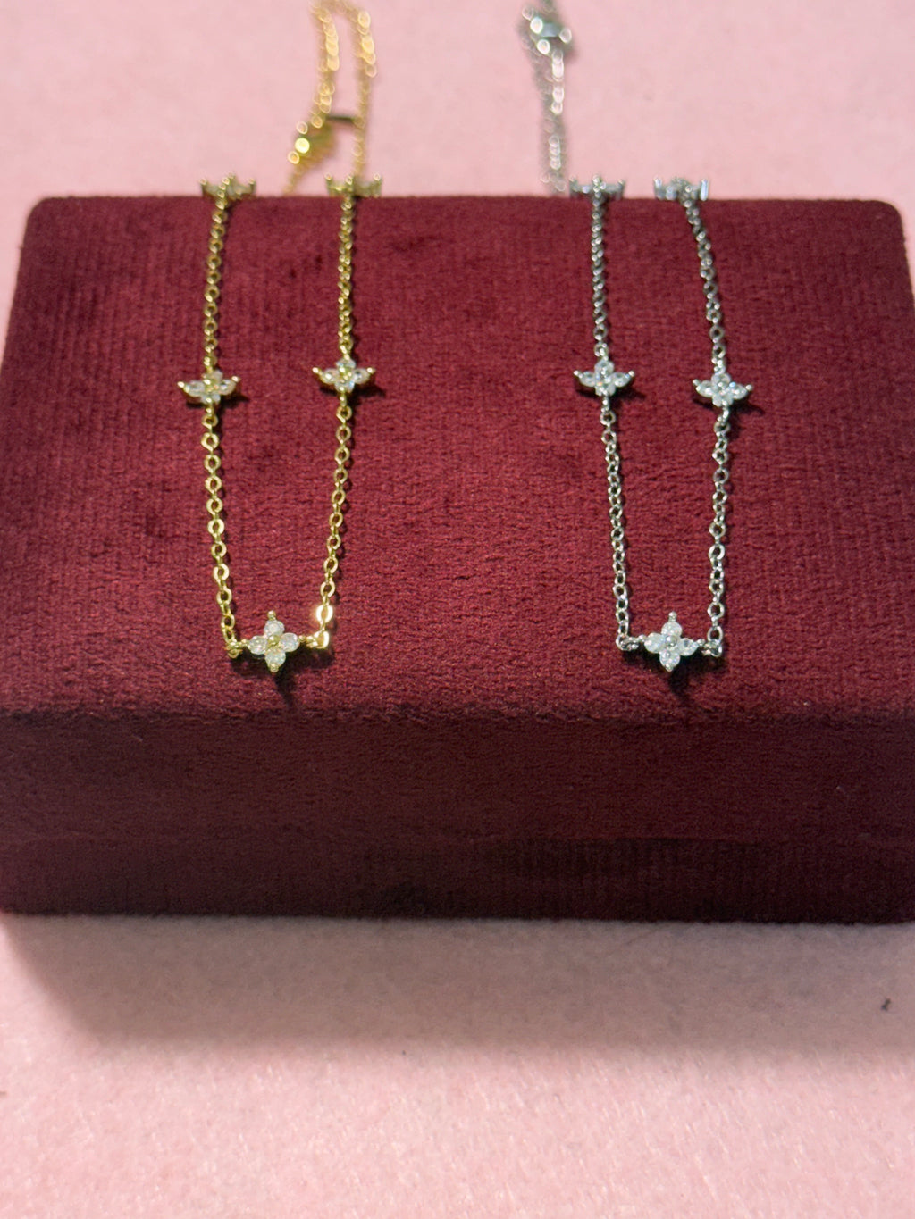 925 Sterling Silver Sparkling Four-Petal Flower Necklace – 18" | Gold & Silver