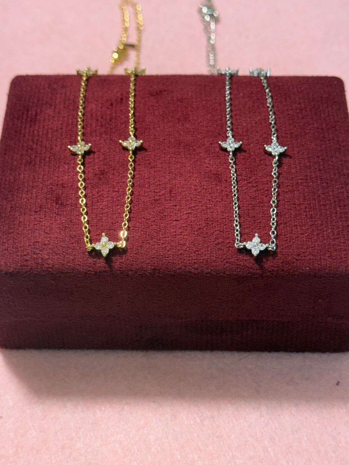 925 Sterling Silver Sparkling Four-Petal Flower Necklace – 18" | Gold & Silver