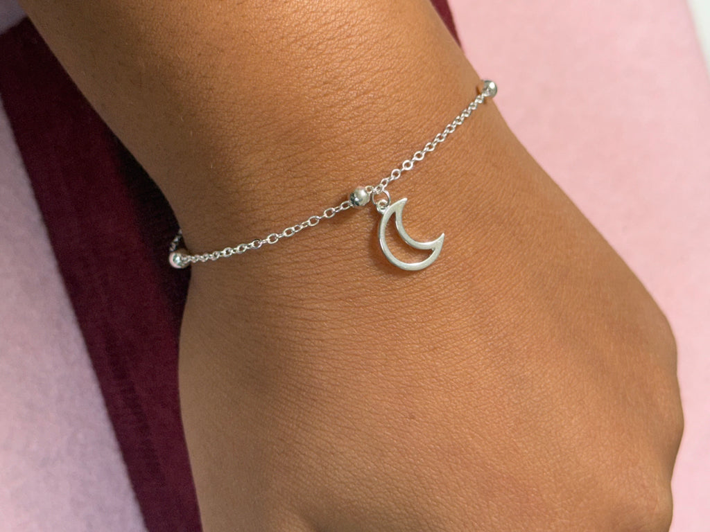 925 Sterling Silver Crescent Moon Bracelet – Silver Bead Accents