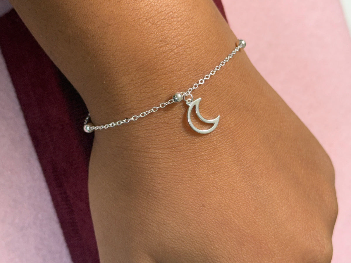 925 Sterling Silver Crescent Moon Bracelet – Silver Bead Accents