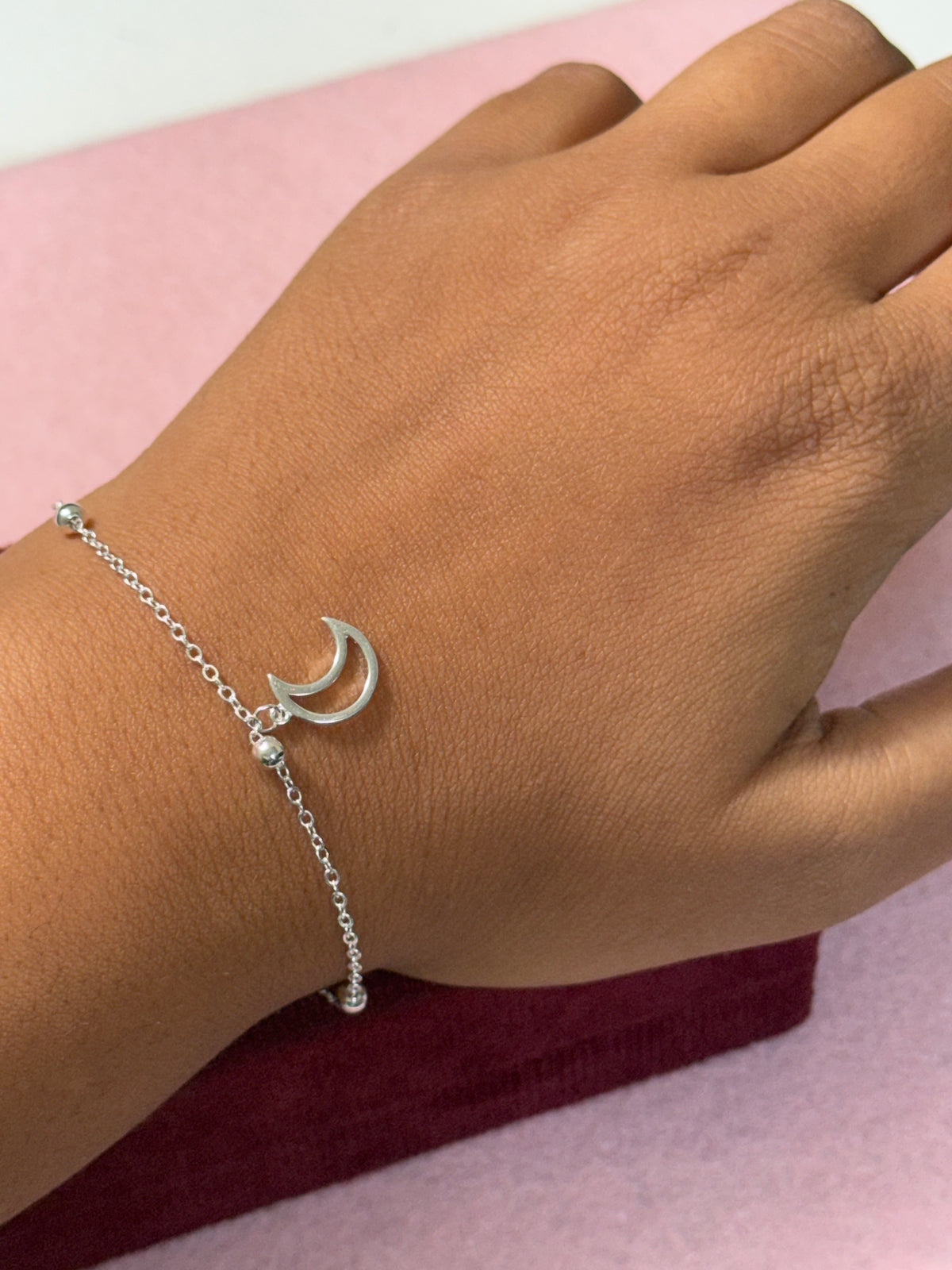 925 Sterling Silver Crescent Moon Bracelet – Silver Bead Accents
