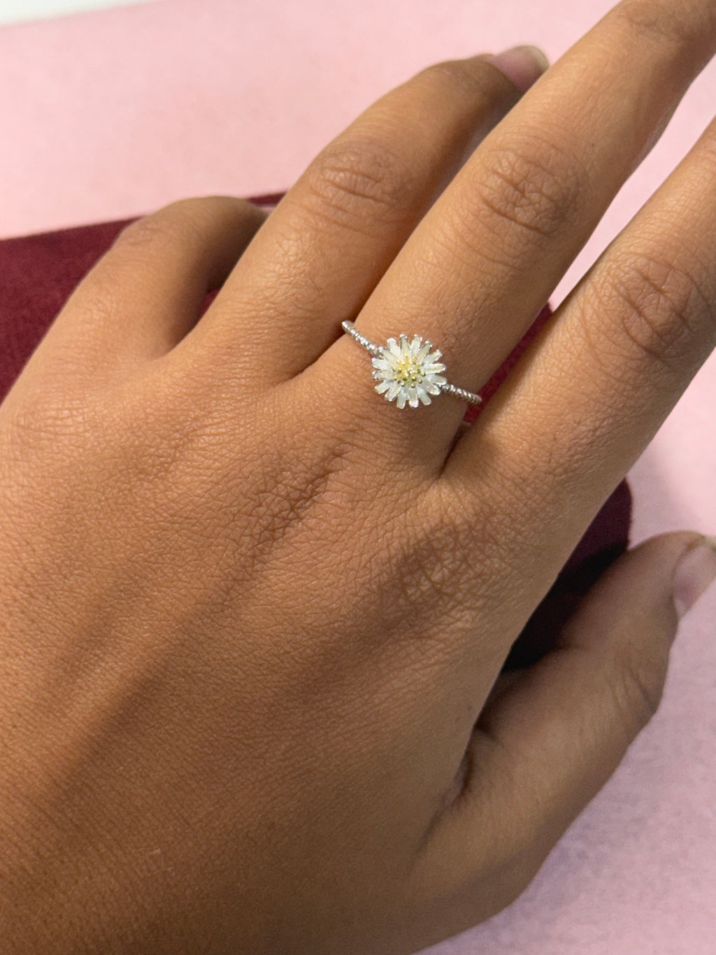 925 Sterling Silver Daisy Flower Adjustable Ring – White & Yellow