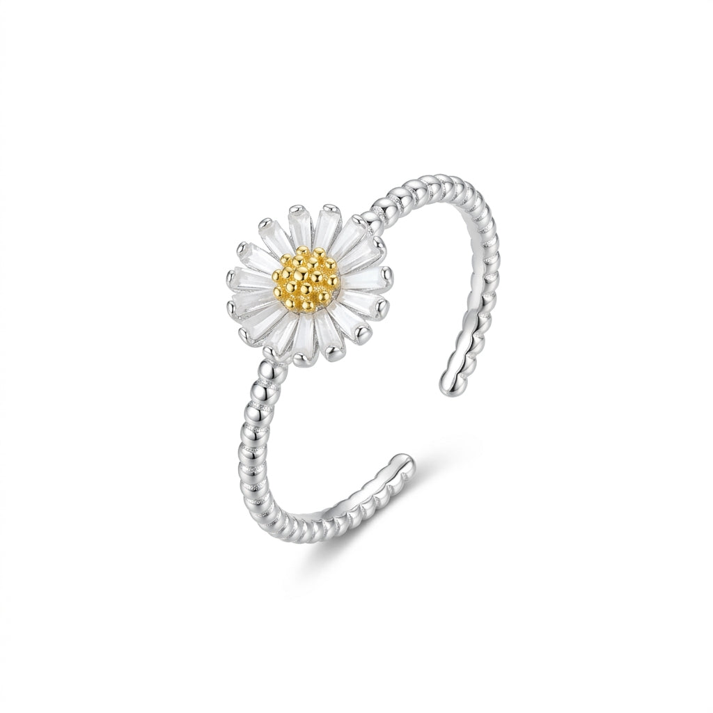 925 Sterling Silver Daisy Flower Adjustable Ring – White & Yellow