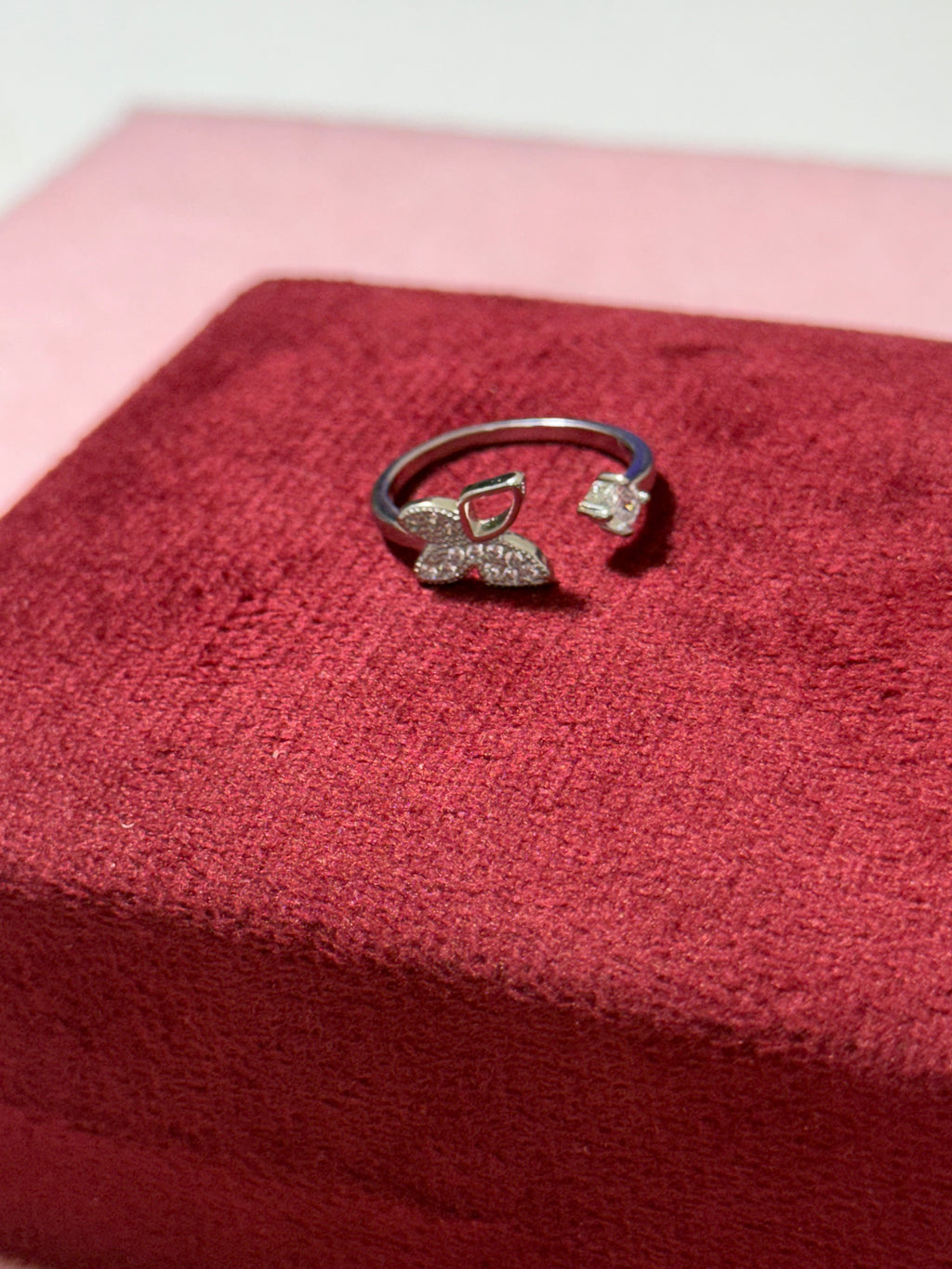 925 Sterling Silver Sparkling Butterfly & Round Crystal Adjustable Ring