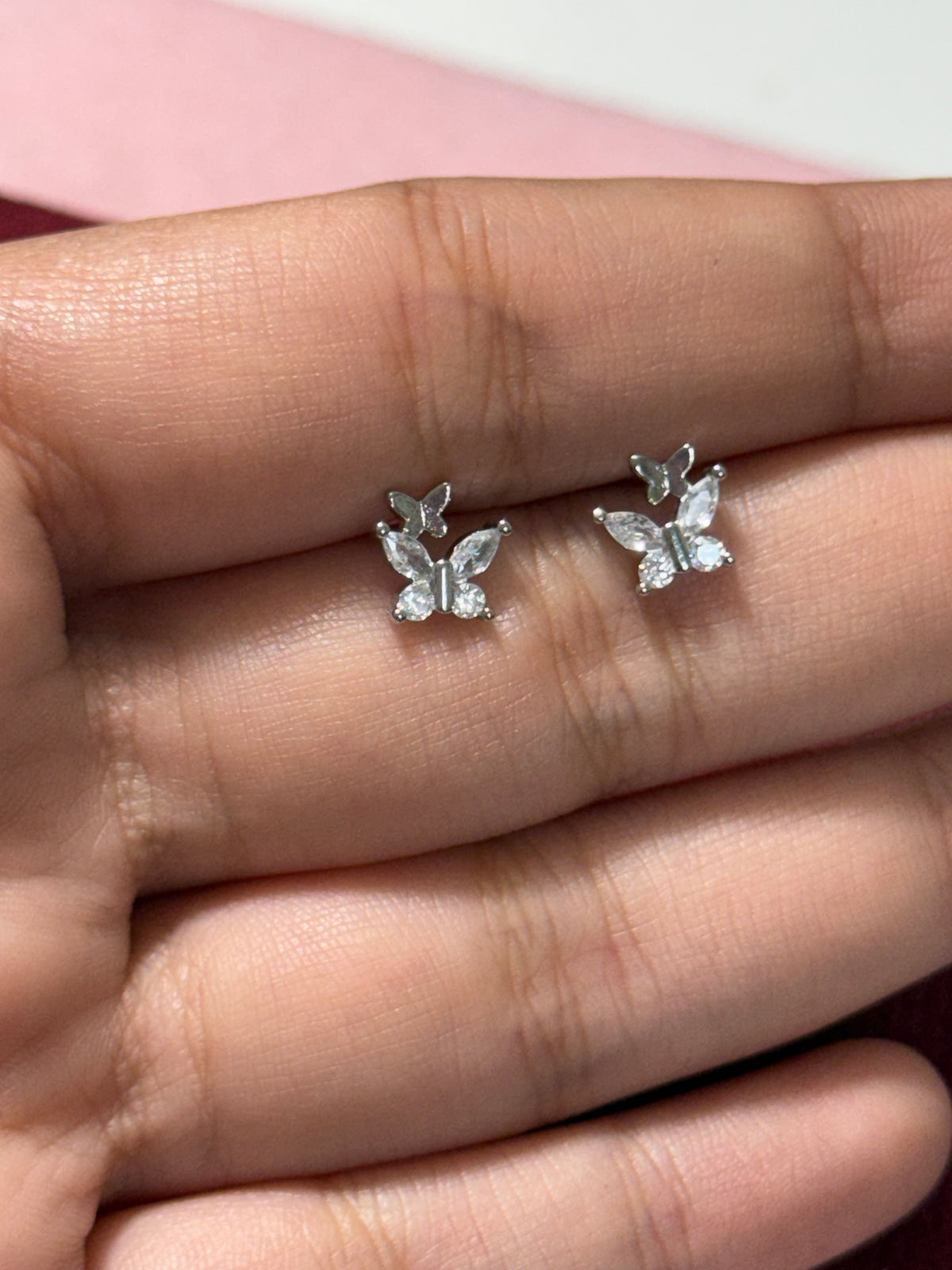 925 Sterling Silver Double Butterfly CZ Stud Earrings