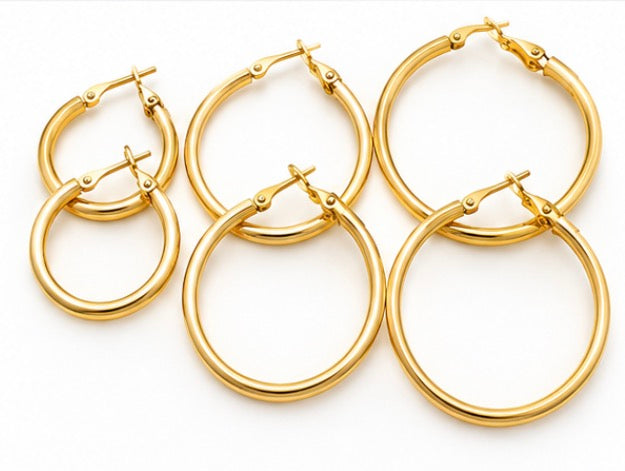 Stainless Steel Gold Classic Thin Hoop Earrings – Small, Medium & Large