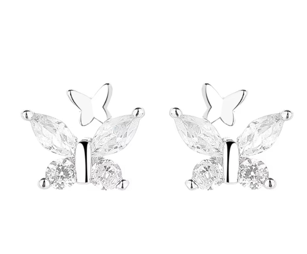 925 Sterling Silver Double Butterfly CZ Stud Earrings