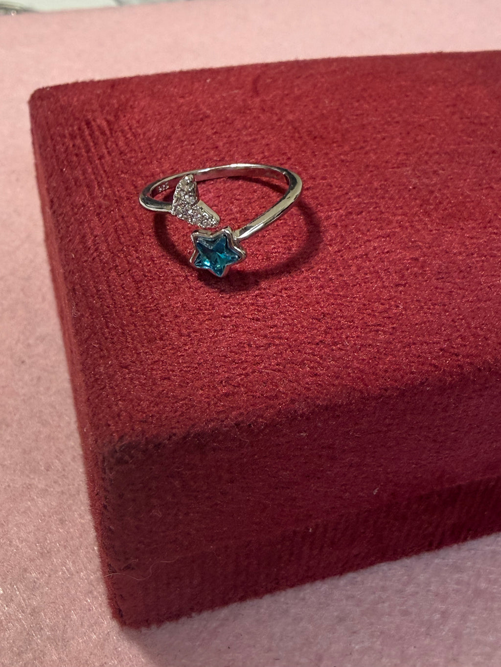 925 Sterling Silver Adjustable Blue Star & Sparkling Mermaid Tail Ring