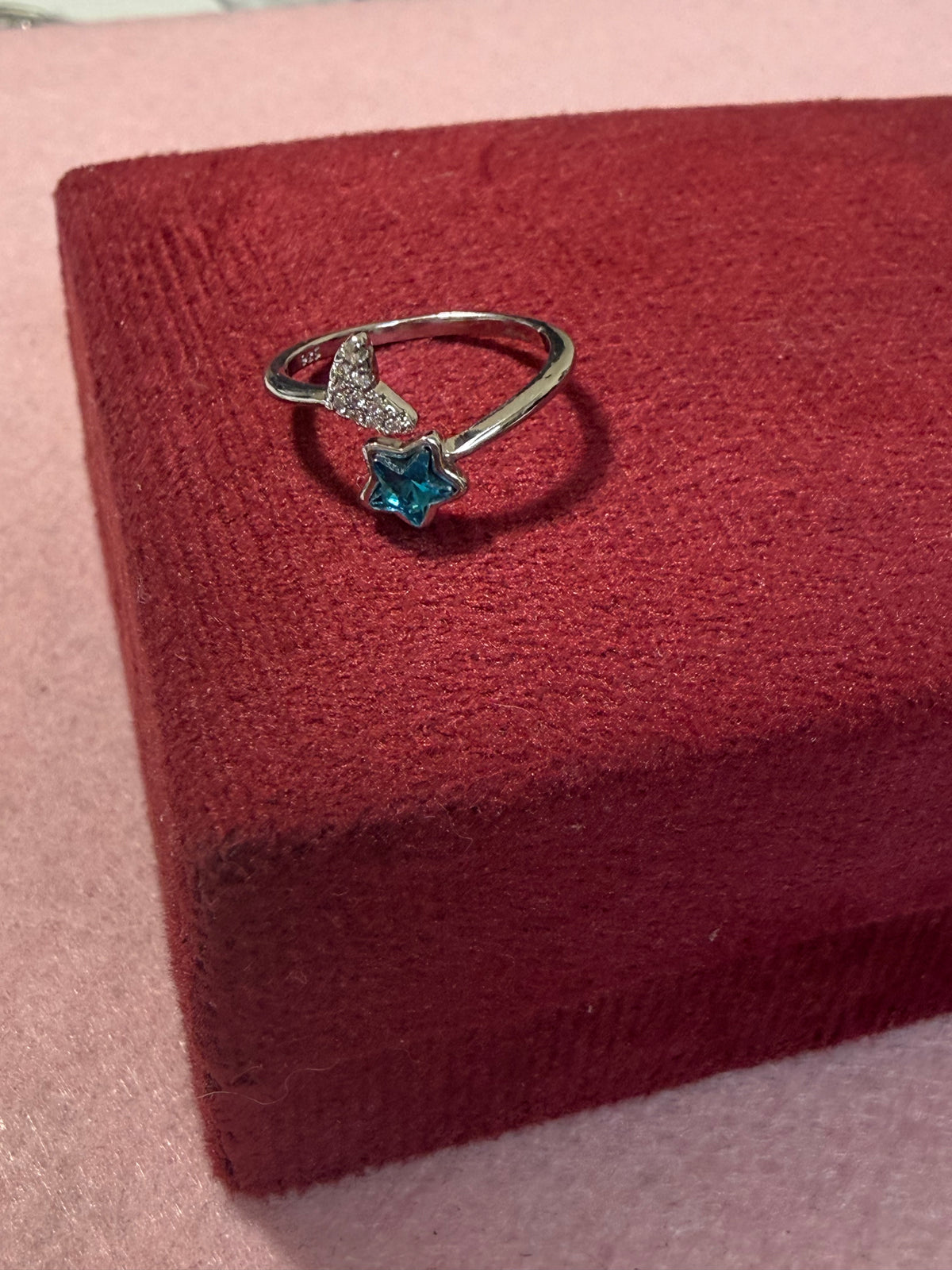 925 Sterling Silver Adjustable Blue Star & Sparkling Mermaid Tail Ring