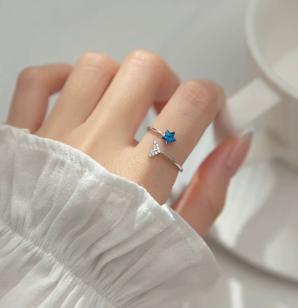 925 Sterling Silver Adjustable Blue Star & Sparkling Mermaid Tail Ring