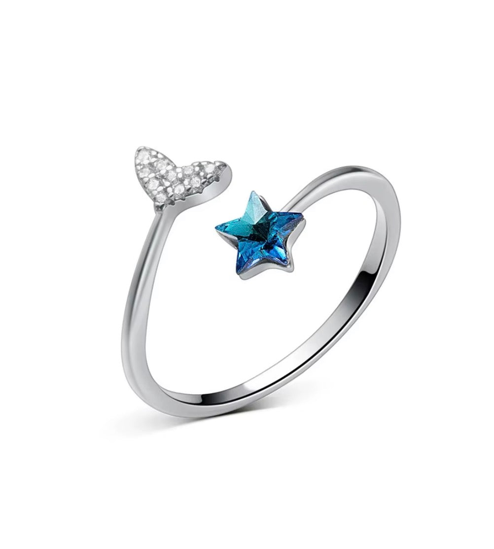 925 Sterling Silver Adjustable Blue Star & Sparkling Mermaid Tail Ring