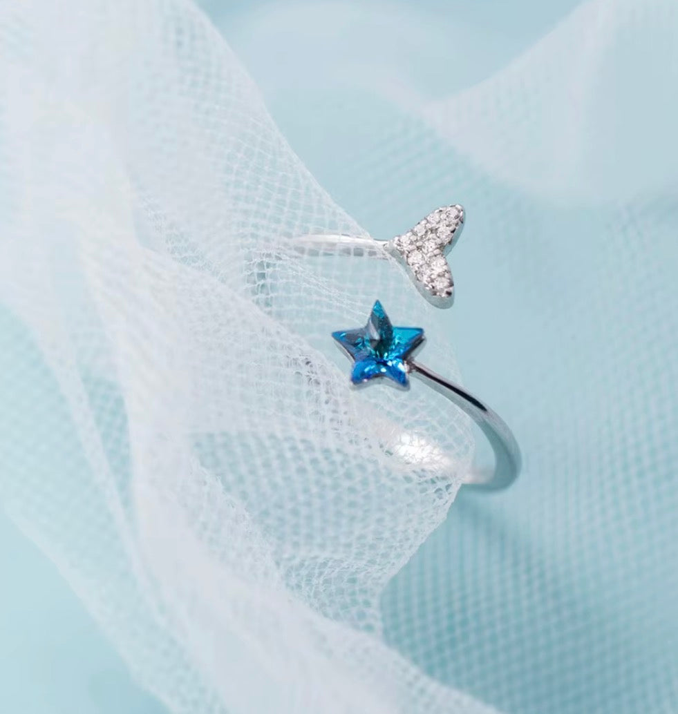 925 Sterling Silver Adjustable Blue Star & Sparkling Mermaid Tail Ring