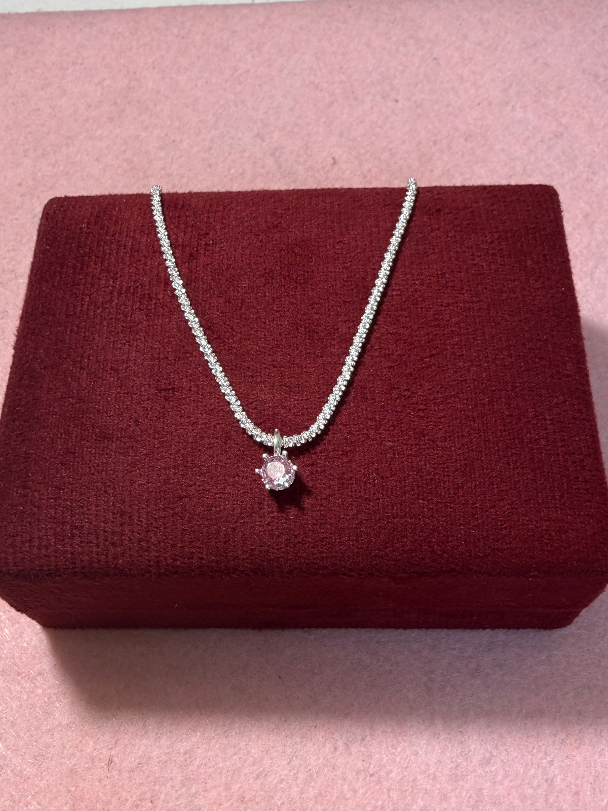925 Sterling Silver Pink Solitaire Pendant Necklace – 18" Adjustable