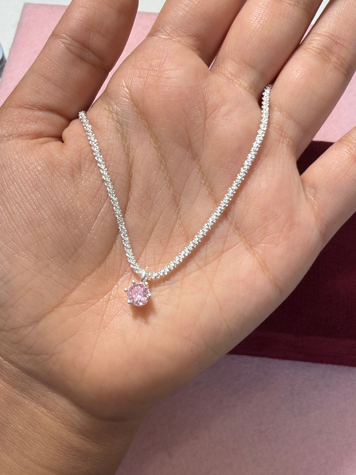 925 Sterling Silver Pink Solitaire Pendant Necklace – 18" Adjustable