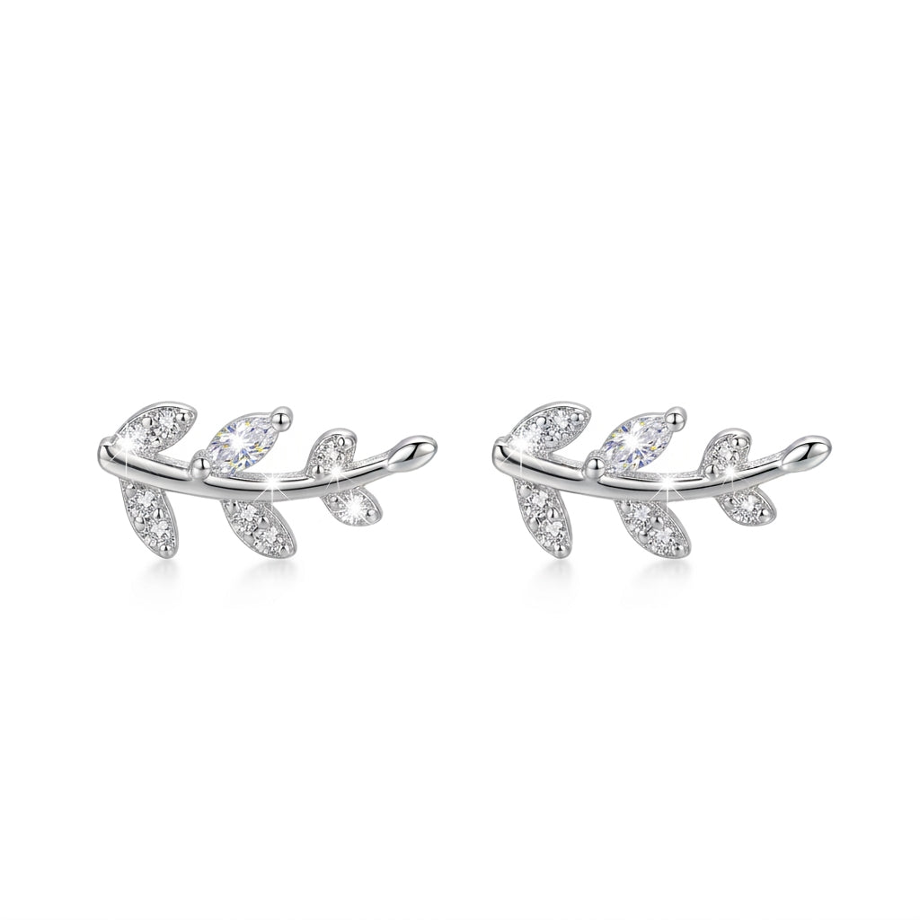925 Sterling Silver Sparkling Leaf Branch Stud Earrings