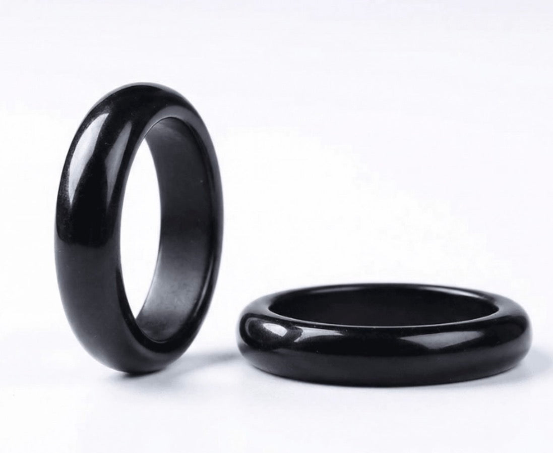 Natural Black Obsidian Band Ring - Size 9