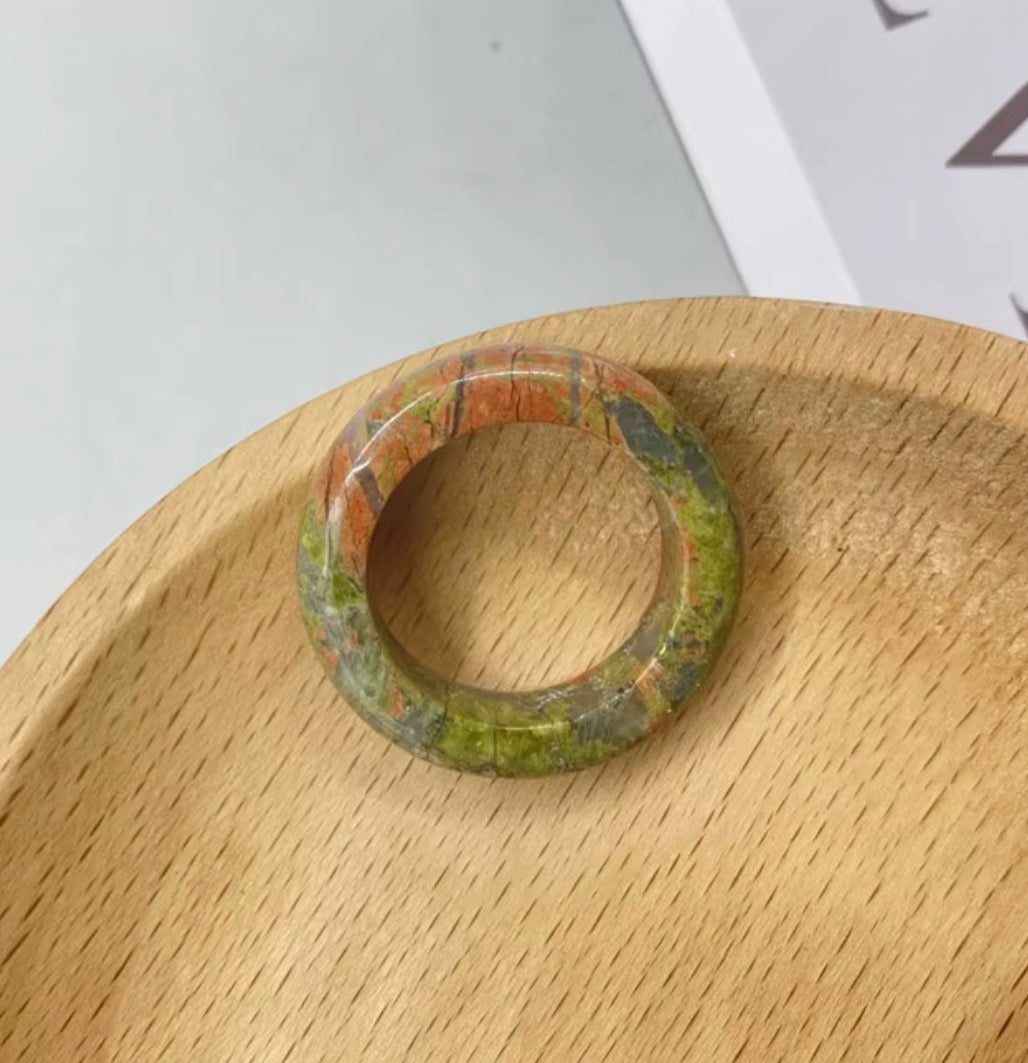 Natural Unakite Stone Band Ring - Size 9