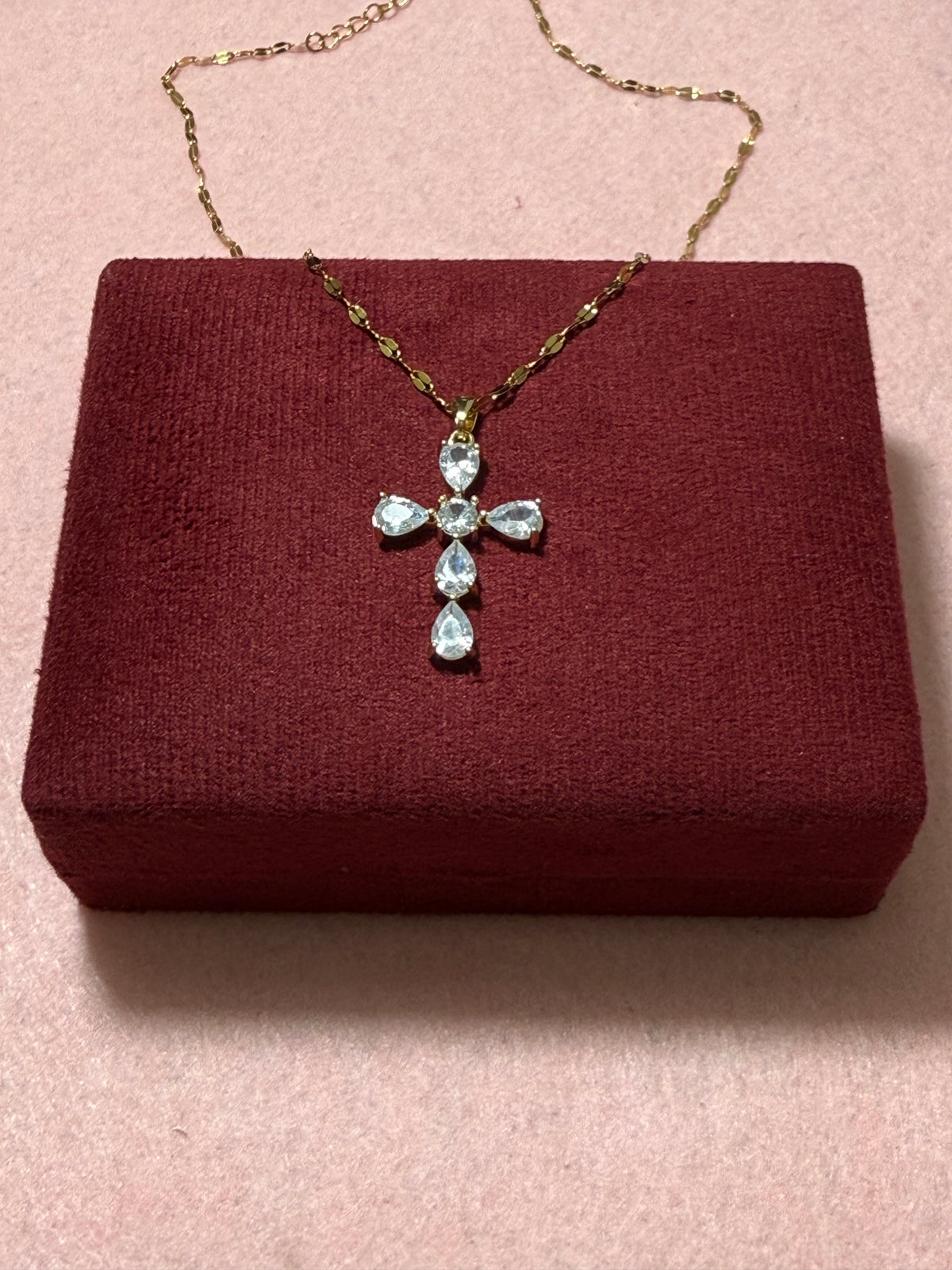 Stainless Steel Gold Cross CZ Pendant Necklace – 18" Adjustable